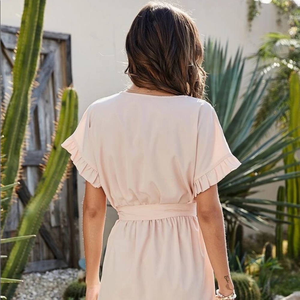 Solid Ruffle Trim Belted Dress - Picture 2 of 2